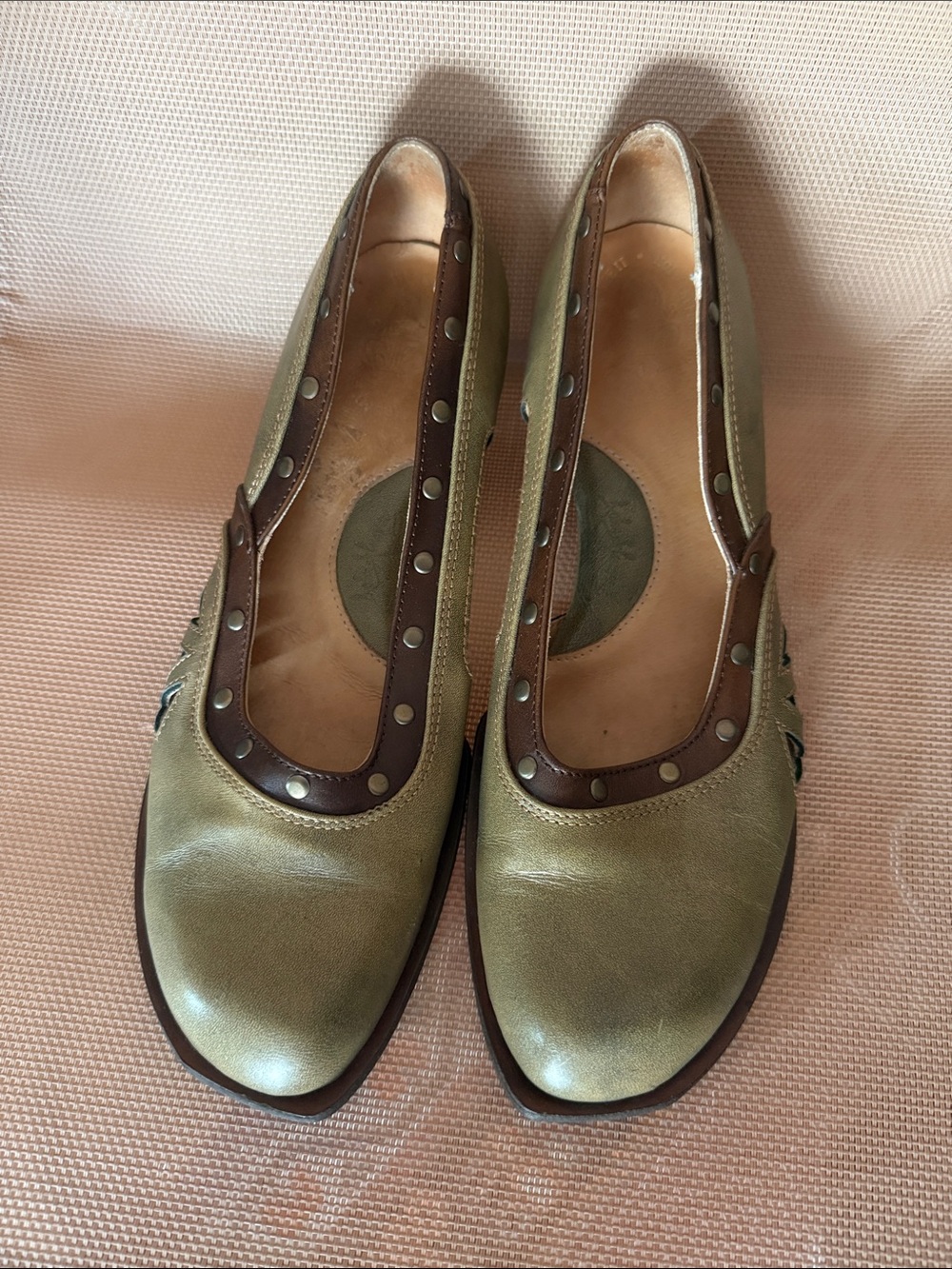 John Fluevog Olive Green and Brown Studded Leather Kitten Heels